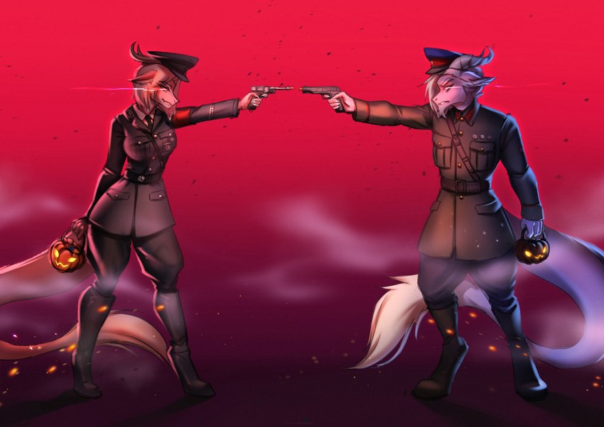 aiming_at_another angry anthro beard betl boots clothed clothing duo eye_contact facial_hair female footwear fully_clothed fur grin gun handgun holding_object holding_weapon holidays horn jack-o'-lantern looking_at_another male nazi nkvd pink_body pistol pockets ranged_weapon russian shoes smile soviet_union tail tail_tuft tuft uniform weapon amarihel halloween mythology alen_(saren662) eiris_(saren662) dragon furred_dragon furred_scalie mythological_creature mythological_scalie scalie 2023 hi_res