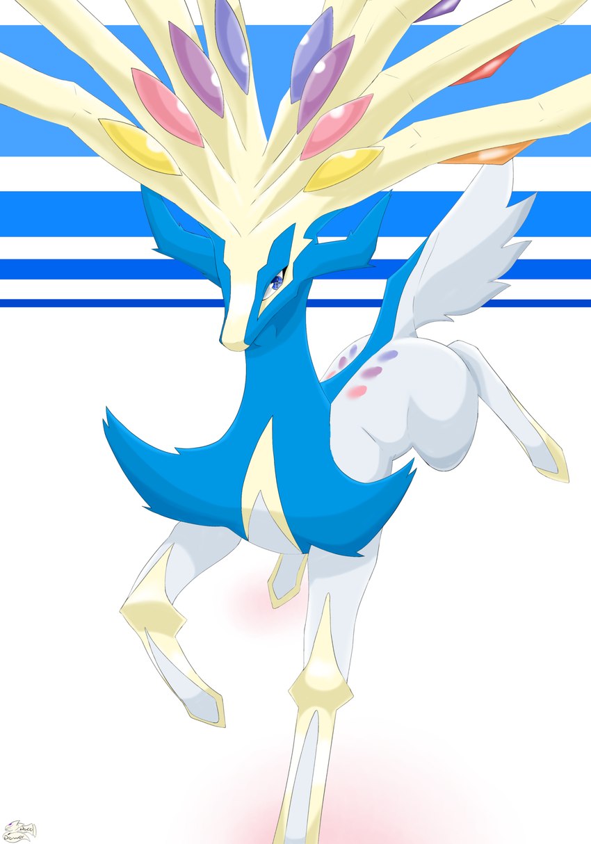 ambiguous_gender anthro antlers blue_body blue_eyes fur horn looking_at_viewer simple_background solo tail white_body white_fur drayyko nintendo pokemon deer generation_6_pokemon legendary_pokemon mammal pokemon_(species) shiny_pokemon xerneas xerneas_(active_mode) absurd_res hi_res