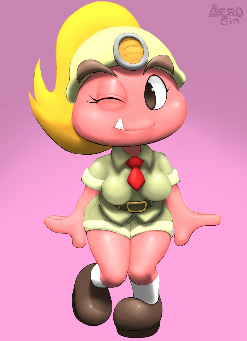 clothed clothing female footwear hair looking_at_viewer necktie one_eye_closed ponytail shoes simple_background smile solo standing uniform wink aerosin mario_bros nintendo paper_mario paper_mario:_the_thousand_year_door goombella goomba humanoid 2024 hi_res