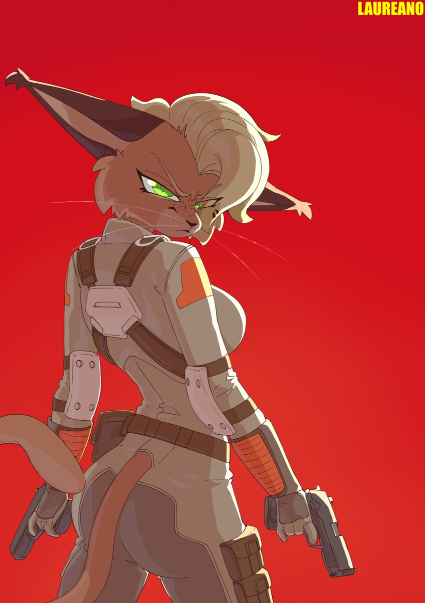 anthro blonde_hair breasts butt butt_pose clothed clothing female fur green_eyes gun hair handgun looking_at_viewer pose ranged_weapon simple_background solo tail weapon whiskers laureano felina_(laureano) caracal caracal_(genus) felid feline mammal digital_media_(artwork) hi_res signature