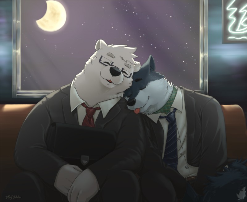 anthro bottomwear clothing duo eyes_closed eyewear fur glasses humanoid_hands male male/male moon necktie night pants shirt sitting slightly_chubby tongue tongue_out topwear white_body white_fur henjikotetsu bear canid canine canis domestic_dog mammal polar_bear ursine 2018