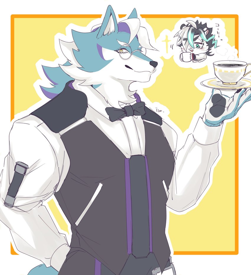 anthro beverage black_hair blue_body blue_fur bow_tie clothing container cup duo eyewear fur glasses hair holding_container holding_cup holding_object looking_at_viewer male purple_body purple_fur saucer shirt tea topwear vest waiter white_body white_fur white_hair izm_rm7 lifewonders live_a_hero esperdica raizi canid canine canis felid mammal pantherine tiger wolf 2023 absurd_res hi_res