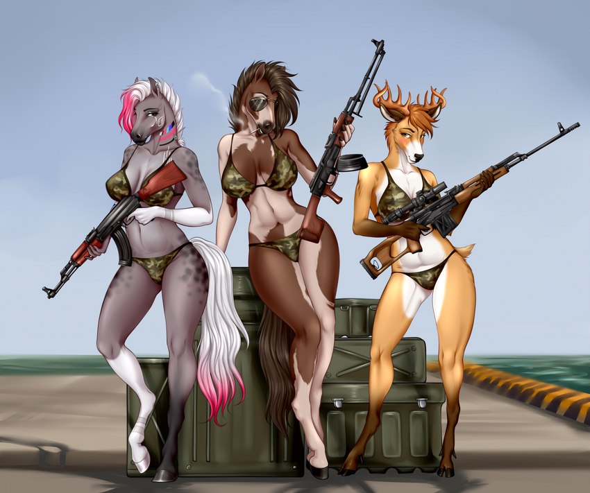 anthro bikini camo camo_bikini camo_clothing camo_print camo_swimwear cigarette clothed clothing eyewear female fur group gun hair hooves pattern_bikini pattern_clothing pattern_swimwear ranged_weapon simple_background sunglasses swimwear tail trio two-piece_swimsuit weapon velvet_requiem broderick_longshanks daxx_(dkmt12) nitro_(littlewattson) cervine deer equid equine horse mammal digital_media_(artwork) hi_res