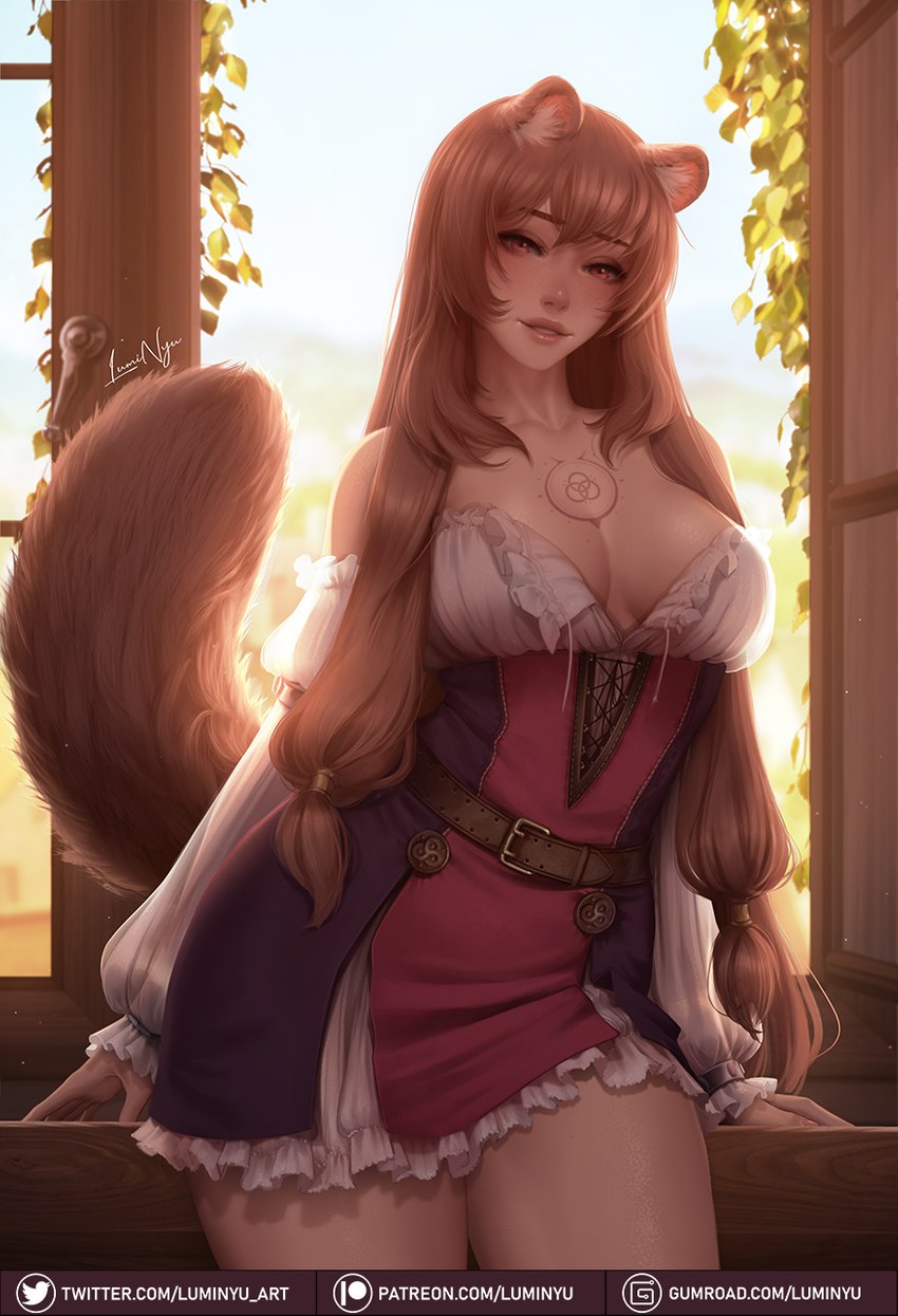 breasts cleavage clothed clothing detailed_background dress female hair long_hair solo text luminyu the_rising_of_the_shield_hero raphtalia animal_humanoid canid canid_humanoid canine canine_humanoid humanoid mammal mammal_humanoid tanuki_humanoid english_text hi_res url