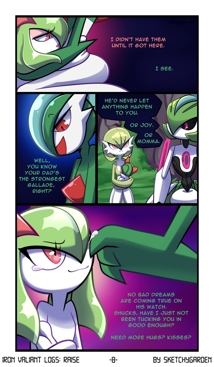 ambiguous_gender bodily_fluids crying dialogue female green_hair group hair happy male not_furry nude smile tears text wiping_tears sketchygarden nintendo pokemon grace_(sketchygarden) joy_(sketchygarden) noble_(sketchygarden) serenity_(sketchygarden) future_pokemon gallade gardevoir generation_3_pokemon generation_4_pokemon generation_9_pokemon humanoid iron_valiant kirlia paradox_pokemon pokemon_(species) ralts absurd_res comic english_text hi_res