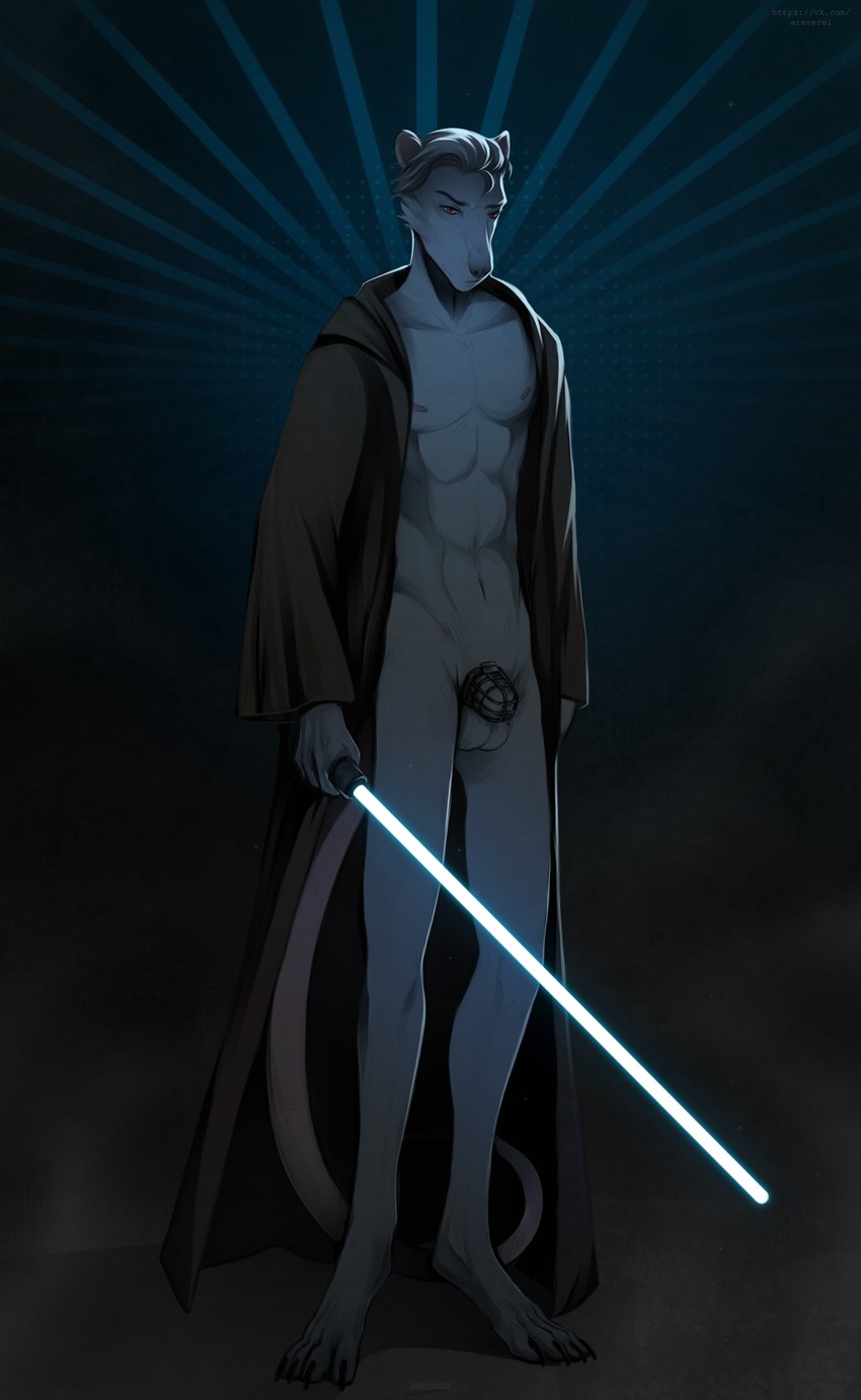 animal_genitalia animal_legs animal_penis anthro balls blue_sword calm chastity_cage chastity_device cloak cloak_only clothing confident confident_male genitals grey_body hair half-naked jedi light_sword looking_at_viewer male nude parody penis rat_tail simple_background solo stands tail text arererel no_nut_november space_station_13 star_wars greg_friskevich mammal murid murine rat rodent absurd_res digital_drawing_(artwork) digital_media_(artwork) digital_painting_(artwork) hi_res meme url