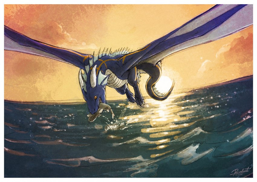 border catching feral fishing flying membrane_(anatomy) membranous_wings sea solo spread_wings sunset tail water white_border wings rivalmit european_mythology mythology storm_(stormthewyvern) dragon fish marine mythological_creature mythological_scalie scalie western_dragon wyvern hi_res painting_(artwork)