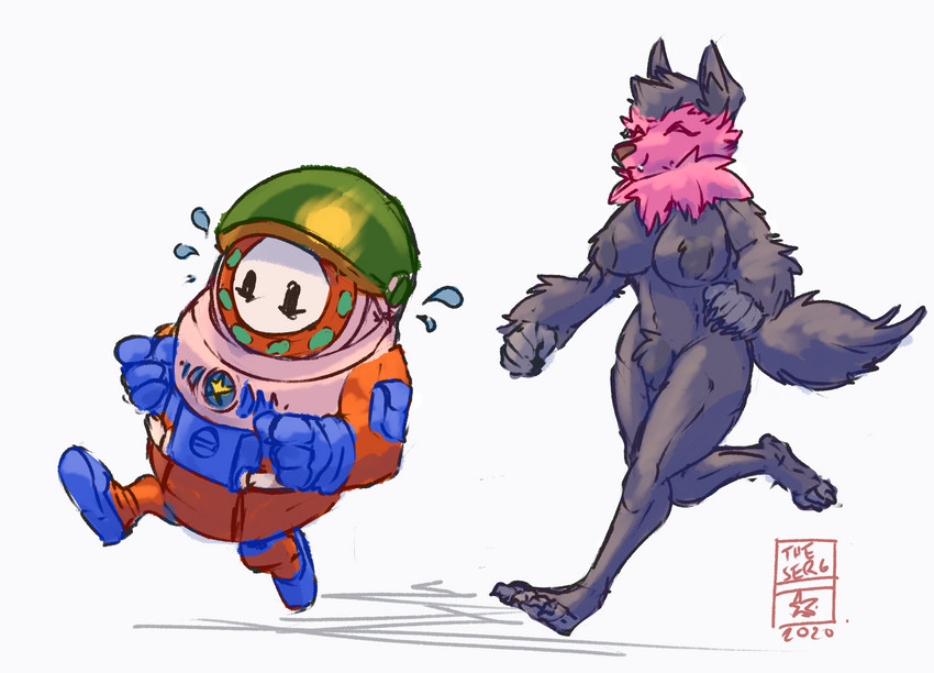 anthro arm_tuft black_body black_fur bodily_fluids chest_tuft crotch_tuft duo female fluffy fur male male/female naturally_censored nipple_tuft pink_body pink_fur running smile spacesuit sweat sweatdrop tuft theserg fall_guys big_bad_(fall_guys) canid canine canis fall_guy mammal wolf hi_res