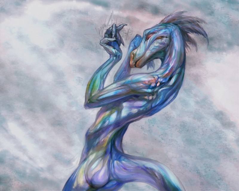 5_fingers >:( abstract_background angry anthro athletic athletic_anthro athletic_male butt feathers fingers looking_down male multicolored_body multicolored_scales multicolored_tail nude red_eyes scales snout solo standing tail klongi lizard reptile scalie 2019 5:4 digital_media_(artwork) digital_painting_(artwork) painting_(artwork) portrait three-quarter_portrait