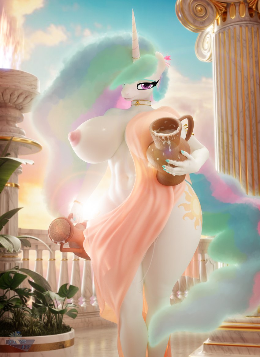 anthro anthrofied areola arm_accessory armlet big_breasts big_nipples bodily_fluids bracelet breasts clothing collar colored_nails column container cum cum_collecting cum_container cum_on_hand curvy_figure cutie_mark ethereal_hair ethereal_tail eyeshadow female female_anthro front_view genital_fluids hair holding_object horn huge_breasts jar jewelry leaking_cum legs_together long_hair long_tail looking_at_viewer makeup multicolored_hair multicolored_tail nails navel nipples one_breast_out outside pink_eyes plant puffy_areola small_waist solo standing sunset tail thick_thighs toga voluptuous voluptuous_anthro voluptuous_female white_body wide_hips hooves-art friendship_is_magic hasbro my_little_pony mythology princess_celestia_(mlp) equid equine horse mammal mythological_creature mythological_equine pony unicorn 3d_(artwork) absurd_res blender_(artwork) digital_media_(artwork) hi_res