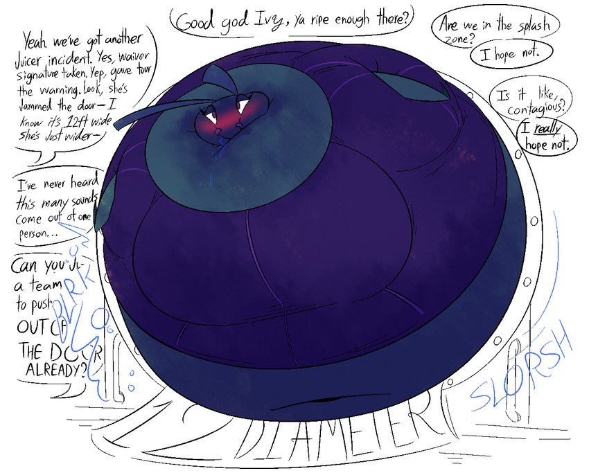 belly belly_expansion berry_juice big_belly big_breasts blue_text blueberry_inflation blueberry_juice blush body_inflation breast_expansion breasts clothing dialogue expansion huge_belly huge_breasts hyper hyper_belly hyper_breasts immobile inflation juice_(beverage) leaking_juice motion_lines purple_clothing simple_background speech_bubble spherical_inflation text white_background thatoneaceguy ivy_(incidental) arthropod insect mantis 2025 english_text