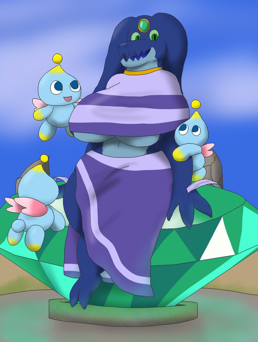 anthro big_breasts breasts female forehead_gem fusion gem group huge_breasts master_emerald sitting tribal tribal_clothing under_boob alythewolfcat sega sonic_adventure sonic_the_hedgehog_(series) chaos_(sonic) tikal_the_echidna tikhaos chao_(sonic) monster hi_res