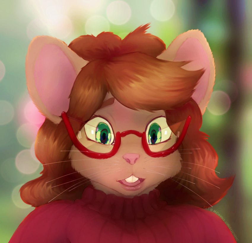 anthro brown_body brown_fur brown_hair buckteeth clothing eyewear female fur glasses green_eyes hair open_mouth pink_nose red_clothing red_eyewear red_glasses red_sweater red_topwear solo sweater teeth topwear whiskers mewmus mice_tea margaret_de_campos mammal mouse murid murine rodent 2019 bust_portrait portrait