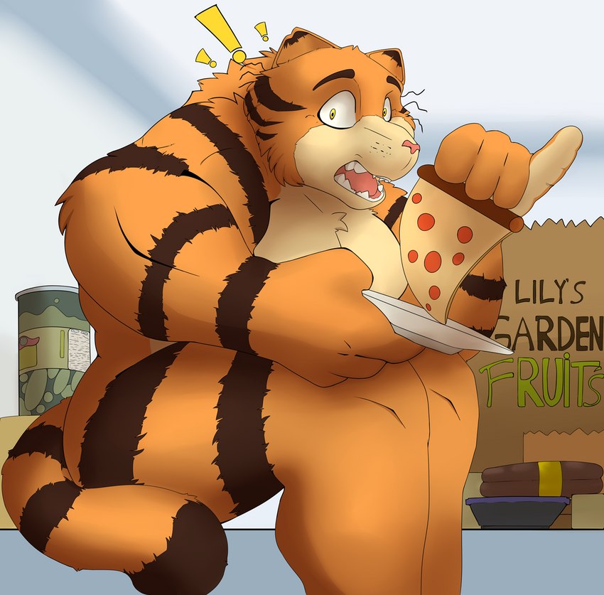 anthro appliance exclamation_point food fridge fur kitchen_appliance male markings mature_male meat muscular muscular_anthro muscular_male orange_body orange_fur pizza sausage solo striped_body striped_fur striped_markings stripes surprised_expression tail teeth text tongue whiskers wide_hips yellow_eyes noteshi garfield_(series) sony_corporation sony_pictures the_garfield_movie_(2024) vic_(garfield) domestic_cat felid feline felis mammal 2023 english_text hi_res