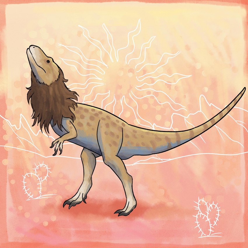 3_toes ambiguous_gender brown_hair cactus feet feral hair looking_up mane markings plant sketch_background solo spots spotted_back striped_markings striped_tail stripes tail tail_markings text toes kutv dinosaur poekilopleuron prehistoric_species reptile scalie 1:1 absurd_res english_text hi_res sketch