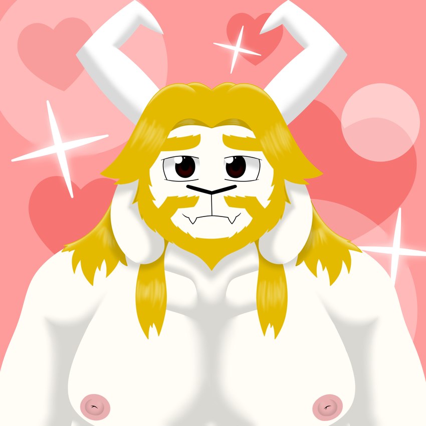 anthro beard blonde_hair facial_hair hair heart_symbol horn long_ears male nipples pecs shirtless shirtless_anthro shirtless_male simple_background smile smiling_at_viewer solo sparkles reggie_rakun undertale_(series) asgore_dreemurr bovid caprine goat mammal 1:1 2024 absurd_res hi_res lineless shaded soft_shading