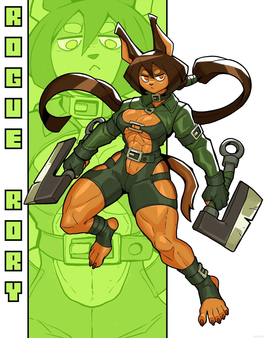 abs anthro axe belt belt_buckle bottomwear breasts buckle claws cleavage cleavage_cutout clothed clothing collar cutout dual_wielding female fingerless_gloves footwear gloves green_bottomwear green_clothing green_pants hair handwear holding_object holding_weapon looking_at_viewer melee_weapon muscular muscular_anthro muscular_female pants ponytail pumpkin_hair socks solo stirrup_footwear stirrup_socks text thigh_window toe_claws toeless_footwear under_boob weapon ceehaz dog_knight_rpg rory_(ceehaz) canid canine canis dobermann domestic_dog mammal pinscher absurd_res hi_res