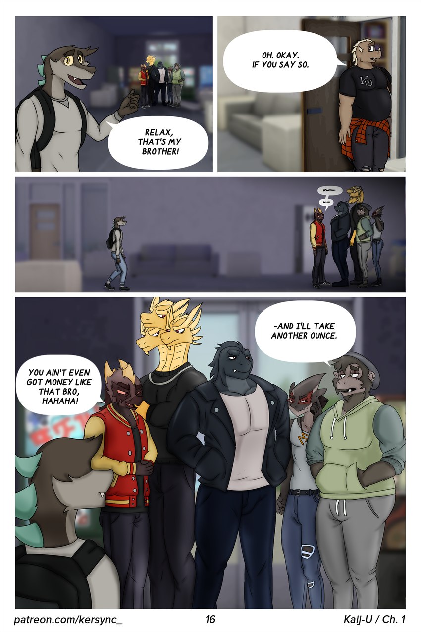 anthro backpack bottomwear clothing college college_student denim denim_bottomwear denim_clothing dialogue group hallway jeans male pants school slightly_chubby speech_bubble student talking_to_another university kersync godzilla_(series) mothra_(series) toho azhi_(kersync) batora_(kersync) battra boryu_(kersync) godzilla kaido_(kersync) king_ghidorah king_kong kongu_(kersync) zill_(kersync) zilla hybrid kaiju monster muto_(godzilla) 2025 absurd_res comic hi_res story