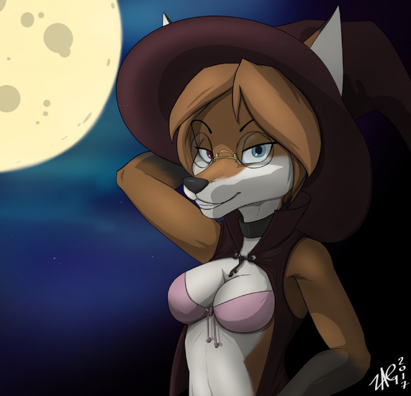 anthro black_nose blue_eyes bra breasts brown_hair cleavage clothed clothing eyewear female fur glasses hair hat headgear headwear heterochromia moon orange_body orange_fur red_eyes smile solo underwear zagura foxyverse amber_(mancoin) canid canine fox mammal 2017 hi_res