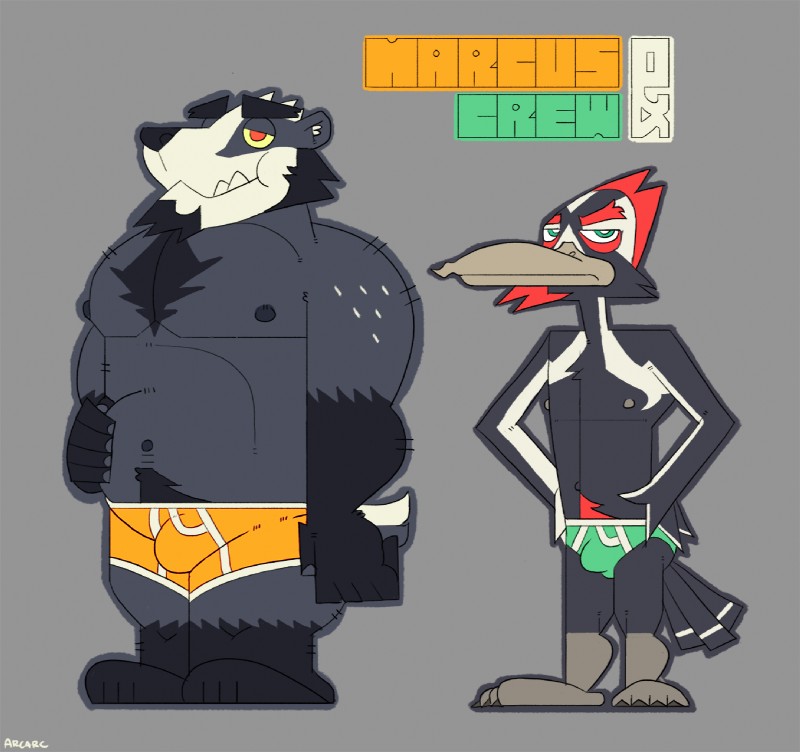 anthro beak bent_beak boxer_briefs briefs bulge clothed clothing duo green_clothing green_underwear hands_on_hips male muscular nipples standing underwear underwear_only yellow_clothing yellow_underwear arcarc crew_(anti_dev) marcus_(arcarc) avian badger bird mammal mustelid musteline picid pileated_woodpecker woodpecker hi_res