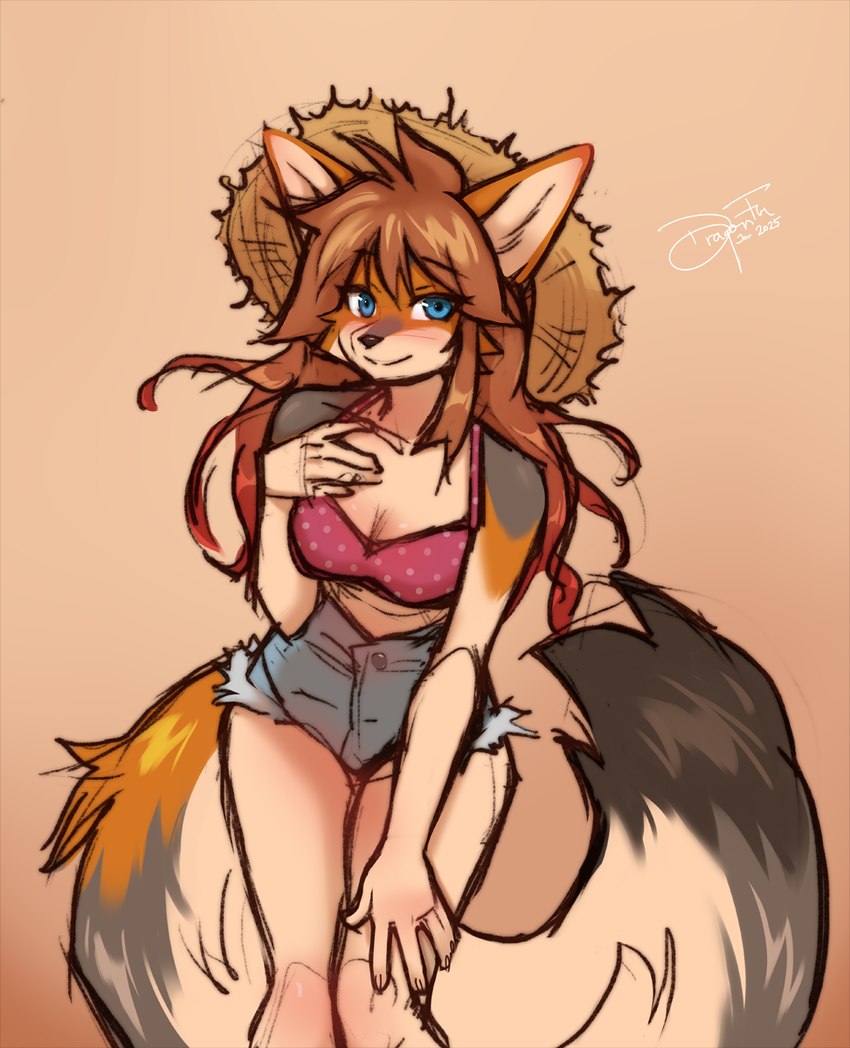 anthro black_nose blue_eyes blush bottomwear breasts brown_hair cleavage clothed clothing daisy_dukes denim denim_bottomwear denim_clothing denim_shorts dipstick_tail female hair hat headgear headwear hotpants markings shorts solo straw_hat tail tail_markings dragonfu maple_flake canid canine canis coyote mammal hi_res