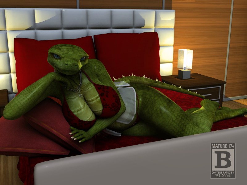 anthro bed blue_eyes bra breasts cleavage clothed clothing female furniture jewelry necklace non-mammal_breasts panties pillow scales solo tail text underwear blx24 reptile scalie snake 3d_(artwork) 4:3 digital_media_(artwork) english_text hi_res