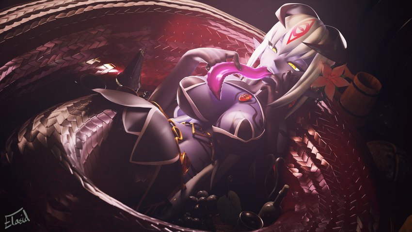 apode armor breasts cleavage clothed clothing coiled_tail female furniture gauntlets gloves hair handwear holding_tongue horn jewelry leaning_on_self legless long_tongue looking_at_viewer lying midriff monster_girl_(genre) on_back on_table prehensile_tongue purple_body purple_scales red_body red_scales scales serpentine solo split_form table tail tavern tongue white_hair yellow_eyes elasid blender_cycles monster_girl_quest alice_(monster_girl_quest) draconcopode humanoid hybrid lamia reptile scalie snake 16:9 3d_(artwork) 4k absurd_res blender_(artwork) digital_media_(artwork) hi_res widescreen