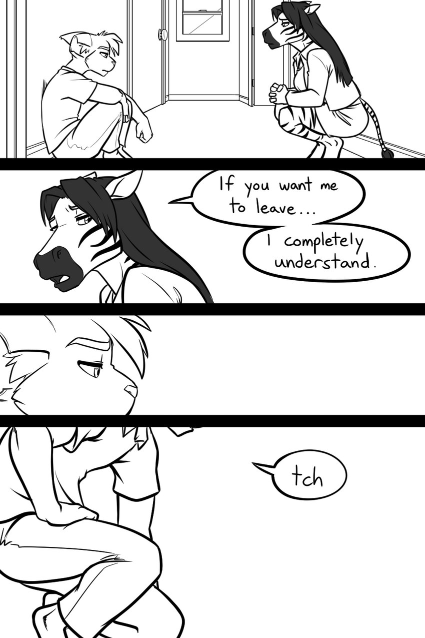 anthro dialogue duo female inside male speech_bubble text black-kitten jayden_(black-kitten) keith_(black-kitten) equid equine felid feline lynx mammal zebra 2023 2:3 comic digital_media_(artwork) english_text hi_res monochrome multiple_scenes