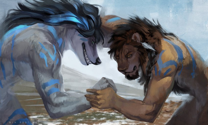 5_fingers anthro anthro_on_anthro arm_markings athletic athletic_anthro athletic_female athletic_male back_markings black_hair black_nose blue_highlights blue_markings body_hair bodypaint breasts brown_body brown_fur brown_hair chest_hair duo ear_piercing eye_contact feather_ear_ring female fight fingers fur grappling grey_body grey_fur grin hair highlights_(coloring) humanoid_hands leg_markings looking_at_another male male/female markings multicolored_body multicolored_fur nude outside piercing shoulder_markings smile teeth thigh_markings tundra two_tone_body two_tone_fur war_paint white_body white_fur wrestling sixfoot bryana_o_hanluain jazlion badger european_badger felid lion mammal meles mustelid musteline pantherine 2019 absurd_res hi_res