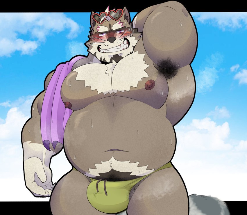 anthro armpit_hair belly blush body_hair brown_body brown_fur bulge clothing fur grin heart_sunglasses male musclegut muscular navel nipples pecs raised_arm smile solo speedo swimwear towel mrookii lifewonders live_a_hero viscunam mammal procyonid raccoon hi_res