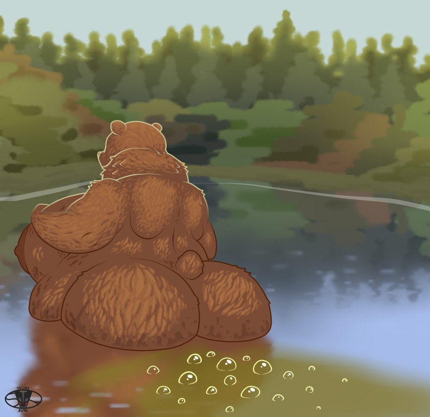 anthro big_butt bubble butt casual_nudity day fart fart_bubbles fart_fetish female half_submerged lake light nude obese obese_anthro obese_female overweight overweight_anthro overweight_female partially_submerged plant scenery small_tail solo standing_in_water sunlight tail tree water skunk_bunk bear brown_bear mammal ursine hi_res