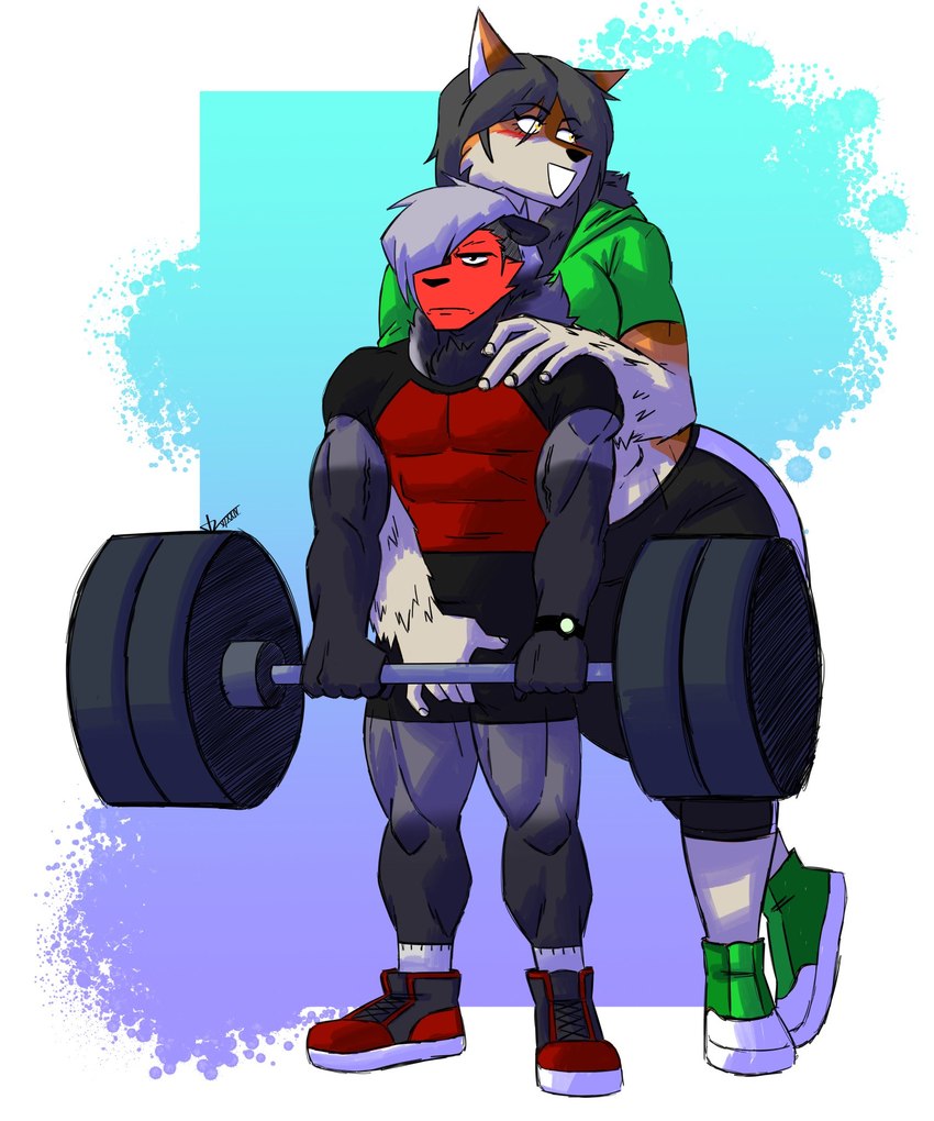 5_fingers anthro anthro_on_anthro athletic athletic_anthro athletic_female athletic_male barbell big_breasts black_hair black_nose blush bottomwear breasts clothing crotch_grab duo exercise female fingers footwear full-face_blush fur grey_body grey_fur grey_hair grope hair humanoid_hands larger_female male male/female multicolored_body multicolored_fur muscular muscular_anthro muscular_female muscular_male shoes shorts size_difference smaller_male smile sneakers standing tail tan_body tan_fur two_tone_body two_tone_fur weightlifting white_body white_fur workout kingjaguar keenan_vale lydia_lobo canid canine canis coyote domestic_dog great_pyrenees gulonine hybrid livestock_guardian_dog mammal molosser mountain_dog mustelid musteline pastoral_dog procyonid raccoon wolf wolverine 2024 digital_media_(artwork) hi_res