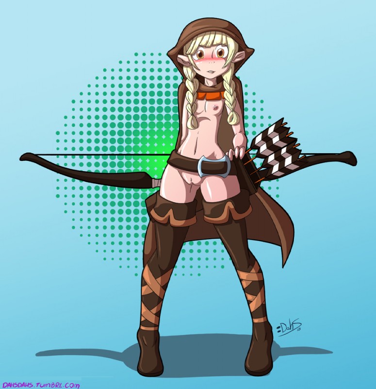 archer arrow_(weapon) belt blonde_hair blush boots bottomless bottomless_female bow_(weapon) breasts brown_eyes cloak clothed clothing female footwear genitals glistening hair holding_object holding_weapon humanoid_pointy_ears long_hair looking_at_viewer nipples not_furry nude open_mouth pigtails pointy_ears pussy quiver_(object) ranged_weapon shadow shoes small_breasts smile solo standing teeth text weapon dahs dragon's_crown vanillaware elf humanoid 2013 url