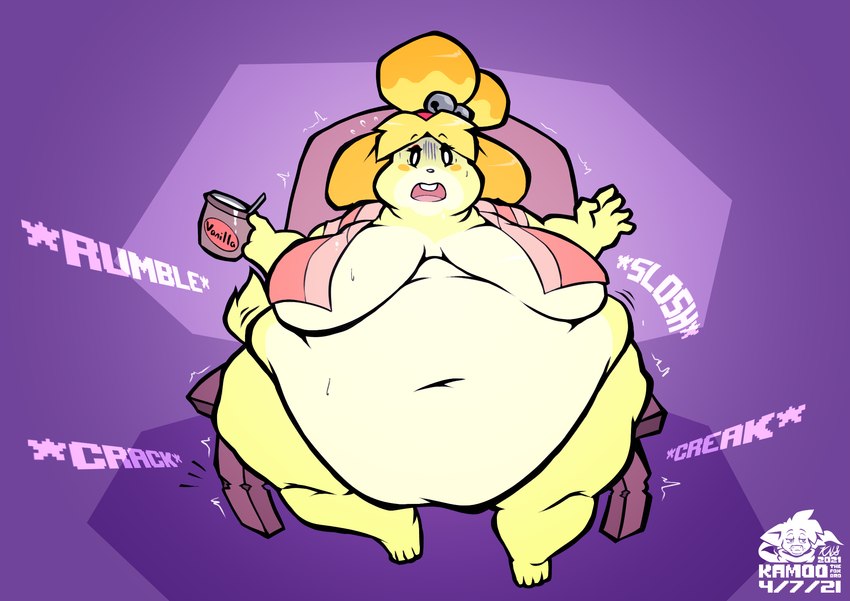 anthro bell bell_accessory belly belly_expansion belly_overhang big_belly big_breasts black_nose black_sclera blonde_hair breast_expansion breasts chair chair_breaking clothing creaking dessert expansion female food front_view furniture hair holding_food holding_ice_cream holding_object huge_belly huge_breasts huge_thighs hyper hyper_belly ice_cream logo morbidly_obese morbidly_obese_anthro morbidly_obese_female navel obese obese_anthro obese_female on_chair onomatopoeia open_mouth overweight overweight_anthro overweight_female pink_clothing pink_mouth pink_tongue pink_topwear purple_background red_hairband simple_background sitting sitting_on_chair sloshing_belly solo sound_effects tail tan_belly tan_breasts teeth text thick_thighs thigh_expansion tongue topwear weight_gain white_eyes yellow_body yellow_ears yellow_tail thefoxsista animal_crossing nintendo isabelle_(animal_crossing) canid canine canis domestic_dog mammal shih_tzu toy_dog 2021 artist_logo colored digital_media_(artwork) hi_res