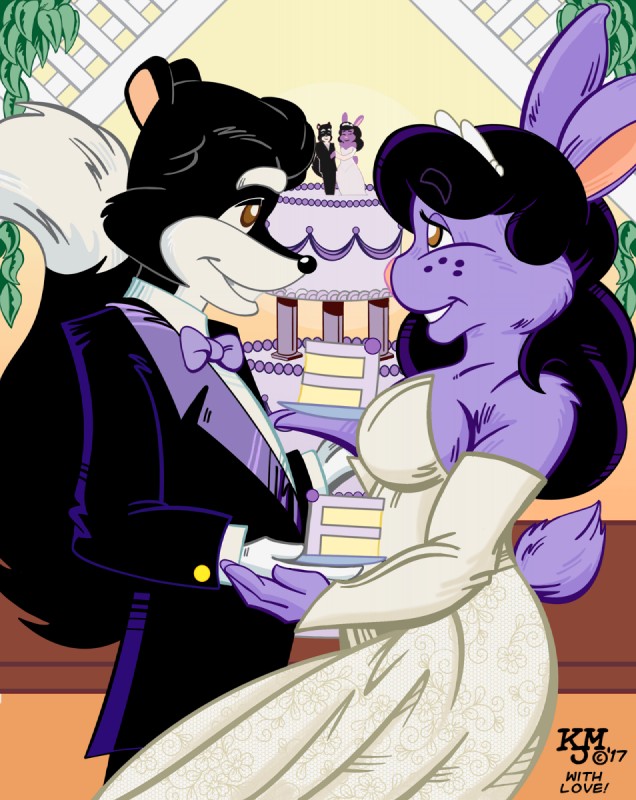 anthro black_body black_fur black_hair black_nose breasts brown_eyes cake clothed clothing dessert dress duo female food freckles fully_clothed fur hair pink_nose purple_body purple_fur wedding wedding_cake wedding_dress white_body white_fur slickpuppy chiaroscuro_(character) witchiebunny_(character) herpestid lagomorph leporid mammal mongoose rabbit 2017 hi_res