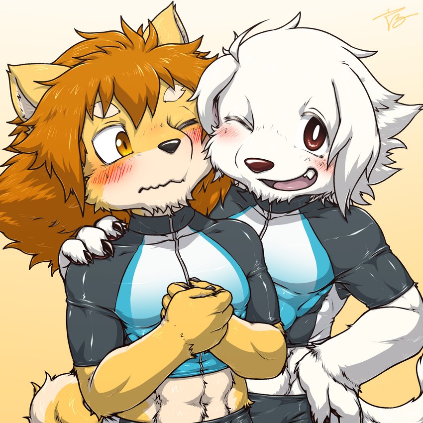 abs adolescent anthro blush blush_lines clothed clothing duo exposed_belly hand_on_hip hand_on_shoulder male muscular muscular_anthro muscular_male muscular_young one_eye_closed pecs smile tracksuit young young_anthro tsuchinoko_(artist) dogsled_club fuyuki_shiroda_(tsuchi_kemo) mamejirou_shibata_(misodonnburi201) bird_dog canid canine canis domestic_dog hunting_dog mammal retriever shiba_inu spitz 1:1 hi_res