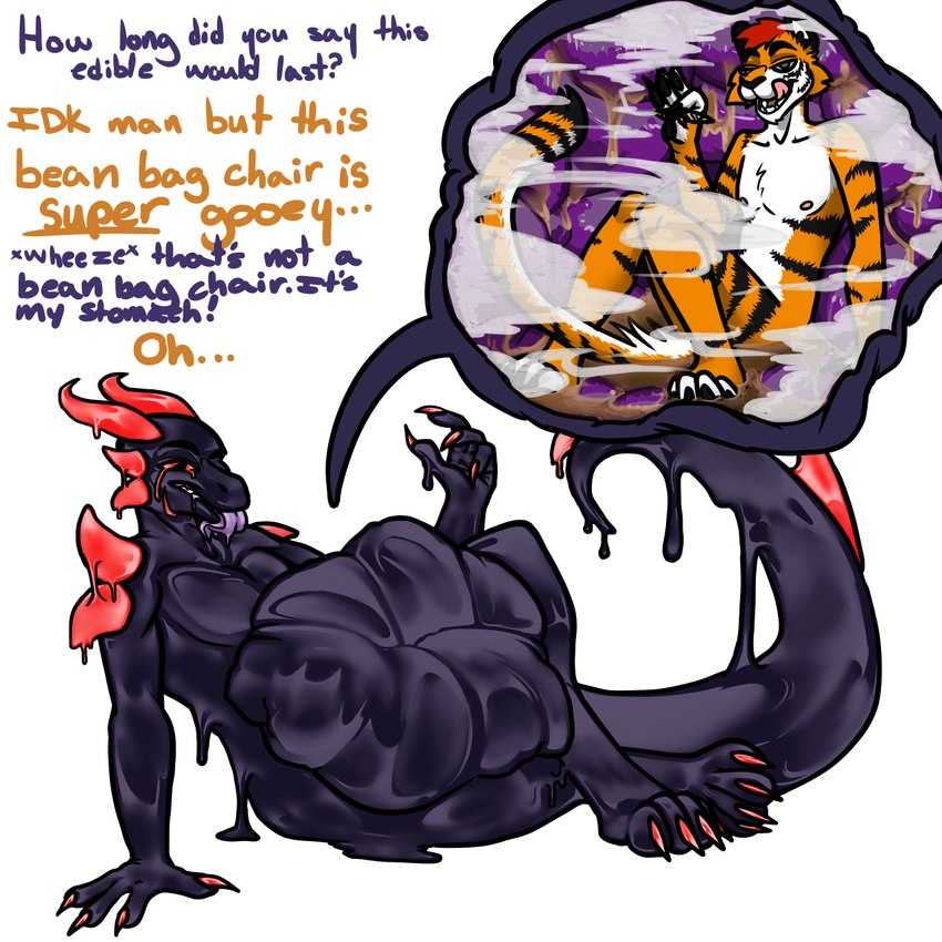 abdominal_bulge abs anthro anthro_pred belly big_belly bodily_fluids dialogue dripping drugs duo endosoma fangs foam fully_inside fur goo_drip guts hair horn hotbox inside_stomach internal larger_anthro larger_male larger_pred licking male male_pred male_prey marijuana muscular muscular_anthro muscular_male nipples open_mouth oral_vore organs pecs purple_body purple_flesh purple_insides purple_internal red_eyes red_hair safe_vore saliva saliva_drip saliva_string self_lick sharp_teeth simple_background size_difference slime smaller_anthro smaller_male smoking smoking_marijuana soft_vore spiked_tail spikes spikes_(anatomy) stomach stomach_acid stripes tail teeth text tongue tongue_out vore wet white_body white_fur willing_pred somedumbtwink mythology devourer_(razor_koopa) dragon felid feline goo_creature goo_dragon mammal mythological_creature mythological_scalie pantherine scalie tiger 1:1 digital_media_(artwork) english_text hi_res