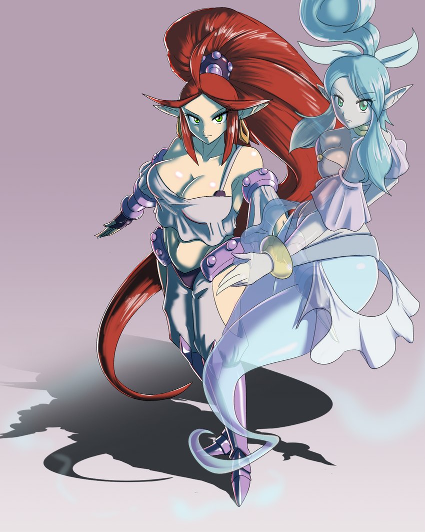 big_breasts blue_eyes blue_hair breasts clothing duo ear_piercing ear_ring female green_eyes hair humanoid_pointy_ears midriff navel piercing pointy_ears red_hair ring_piercing shirt tank_top topwear sonicboom30813 shantae_(series) wayforward harmony_(shantae) genie ghost humanoid spirit 4:5 hi_res mother_(lore) parent_(lore)