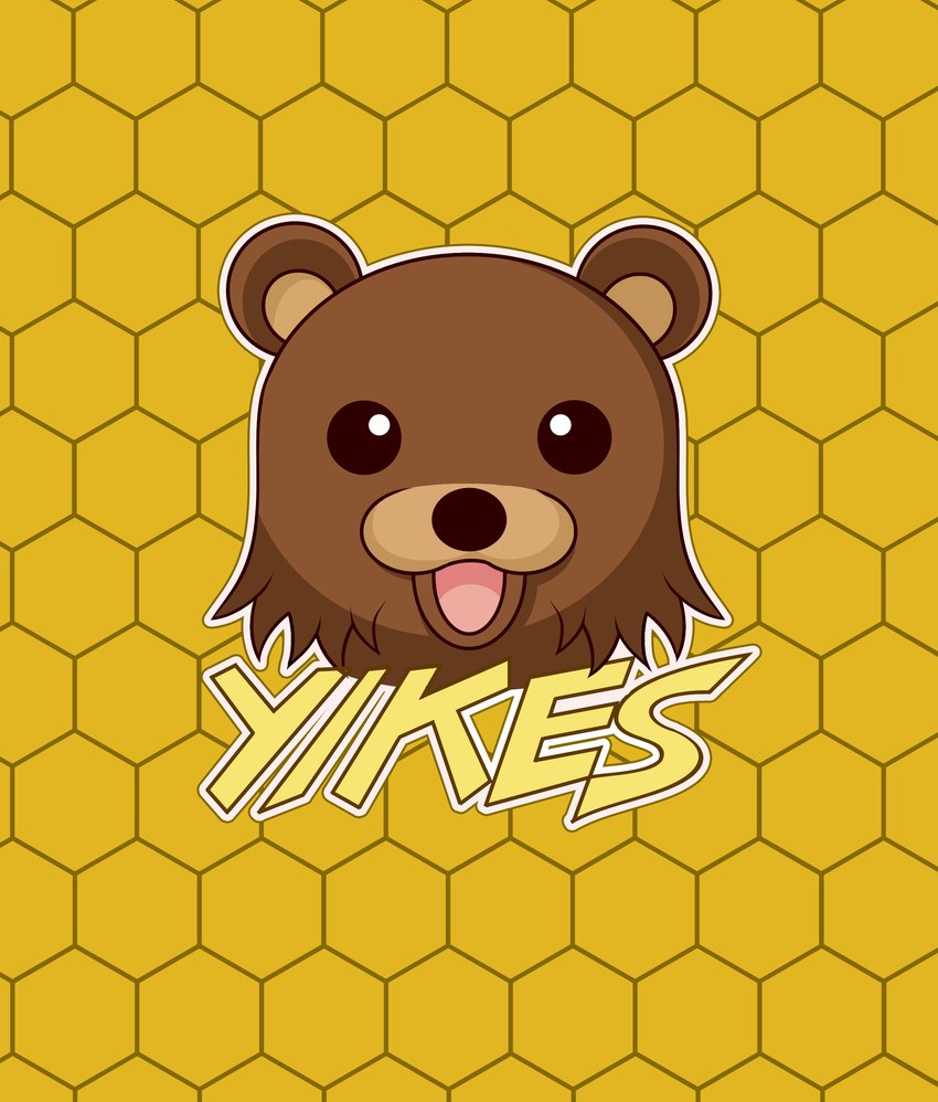 beady_eyes brown_body brown_fur fur honeycomb_(pattern) looking_at_viewer open_mouth simple_background tan_inner_ear yellow_background yikes conditional_dnp tricksta pedobear bear mammal absurd_res hi_res meme