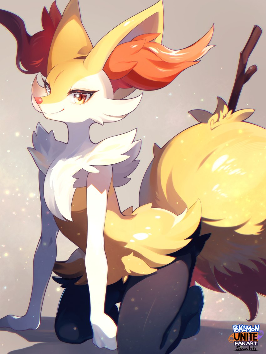 ambiguous_gender anthro cheek_tuft eyelashes facial_tuft fur grey_body grey_fur inner_ear_fluff looking_at_viewer orange_body orange_fur pink_nose simple_background smile smiling_at_viewer solo stick tuft white_body white_fur yellow_body yellow_eyes yellow_fur suahh nintendo pokemon braixen canid canine fennec_fox fox generation_6_pokemon mammal pokemon_(species) true_fox 2024 3:4 hi_res signature