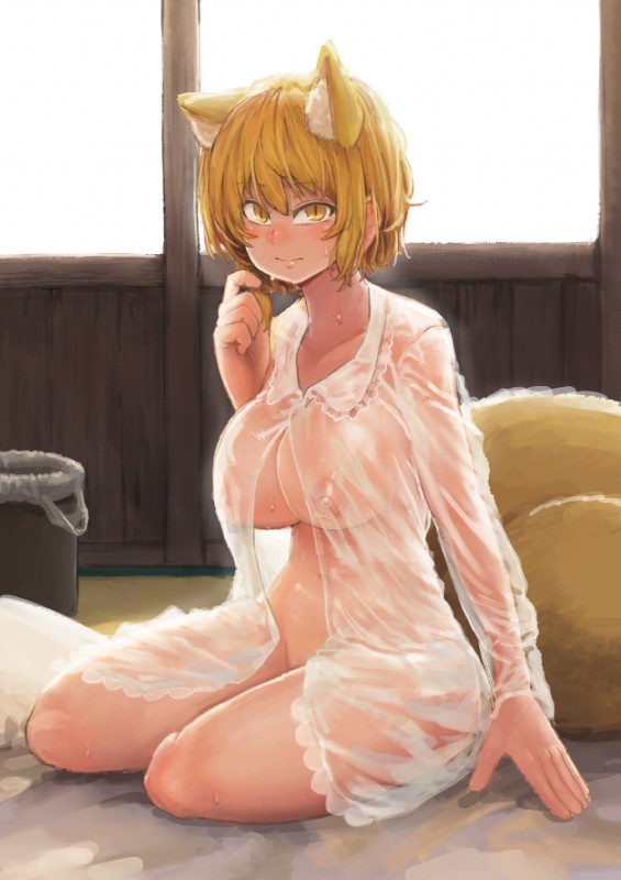 animal_ear_fluff areola bangs big_breasts blonde_hair blush bodily_fluids breasts clothed clothing commentary eyebrow_through_hair eyebrows female fox_tail hair hair_tousle inner_ear_fluff inside long_sleeves looking_at_viewer mostly_nude multi_ear multi_tail nightgown nipples pose pupils short_hair sitting slit_pupils solo sweat tail translucent translucent_clothing translucent_hair tuft wet wet_clothing yellow_eyes yokozuwari chanta touhou ran_yakumo animal_humanoid canid canid_humanoid canine canine_humanoid fox_humanoid humanoid mammal mammal_humanoid 2019 hi_res