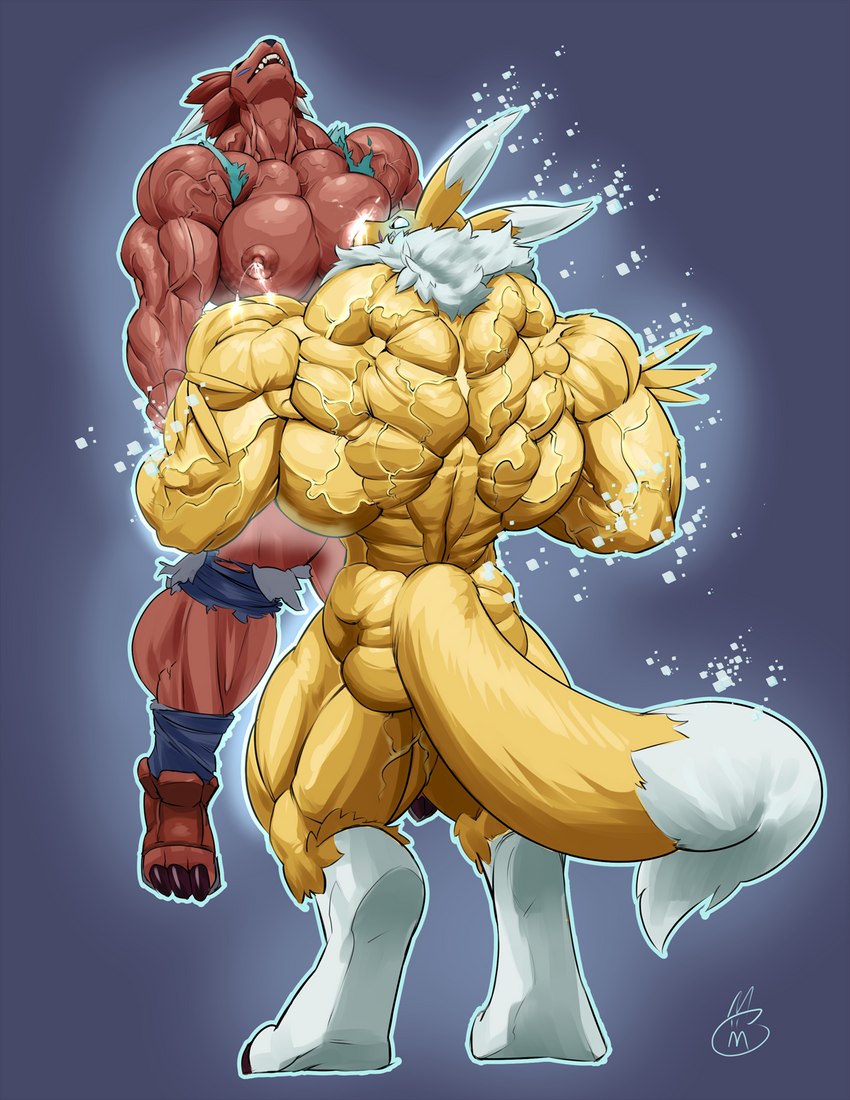 anthro big_muscles bodily_fluids bottomwear breast_milking breasts carrying_another carrying_partner clothing denim denim_bottomwear denim_clothing drinking_milk duo female female/female growth huge_muscles hyper hyper_muscles jeans lactating muscle_growth muscular muscular_female nipples nude pants simple_background size_difference torn_clothing transformation mivadoman xylem bandai_namco digimon rika_nonaka rikamon canid canine digimon_(species) fox mammal renamon 2021 hi_res