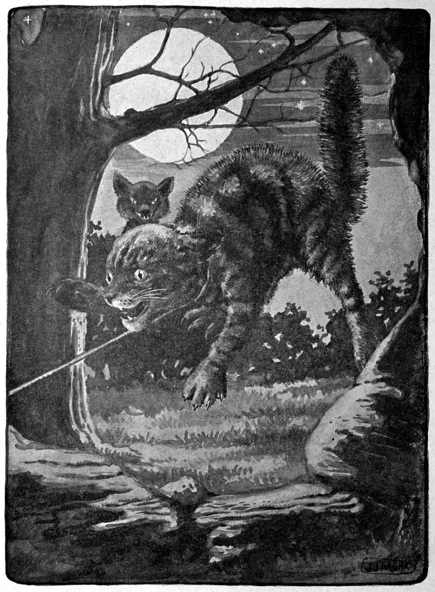 border claws detailed_background duo feral full_moon male moon night nude open_mouth outside plant quadruped rope sky trap_(contrivance) tree white_border joseph_jacinto_mora public_domain reynard_the_fox tibert canid canine domestic_cat felid feline felis fox mammal 1920 20th_century ancient_art greyscale hi_res monochrome traditional_media_(artwork)