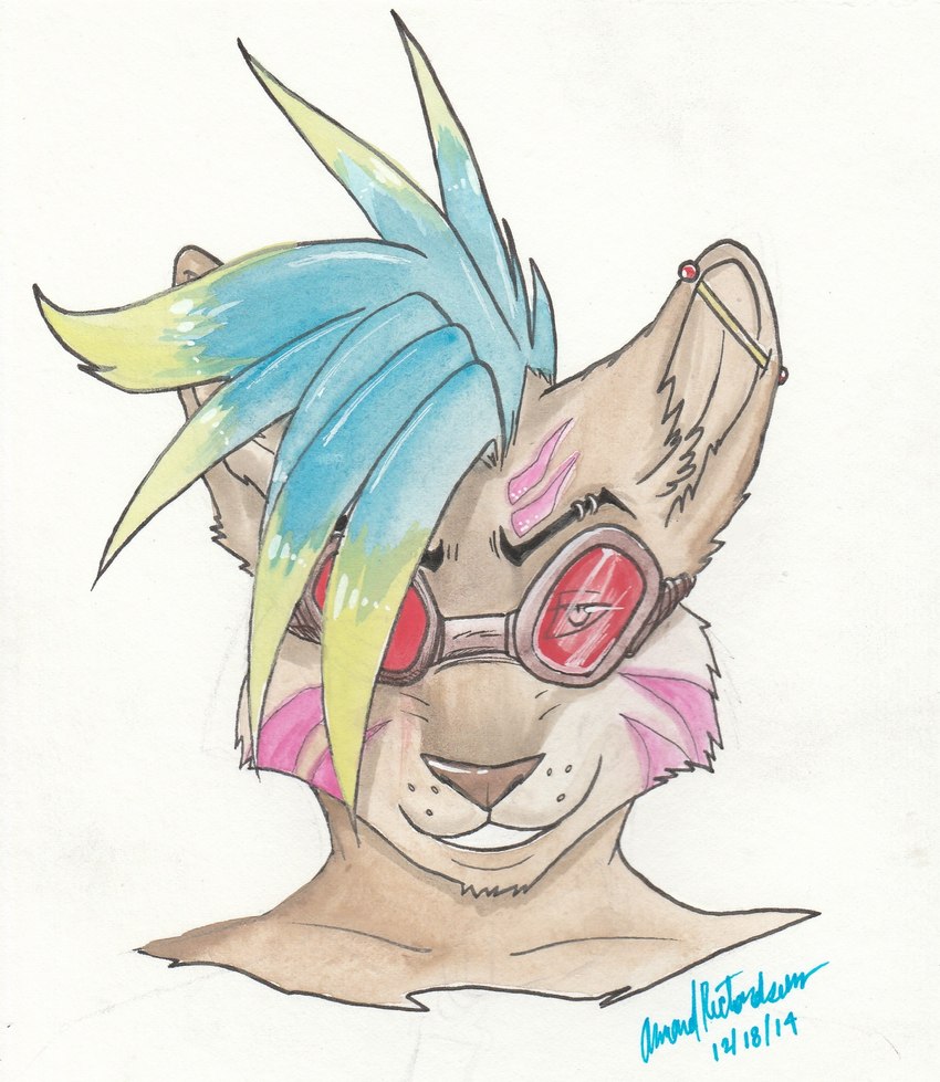 anthro brown_hair ear_piercing eyewear goggles hair looking_at_viewer male multicolored_hair piercing smile solo two_tone_hair leonidasdraconic lapfox_trax emoticon_(renard) domestic_cat felid feline felis mammal bust_portrait hi_res portrait traditional_media_(artwork)