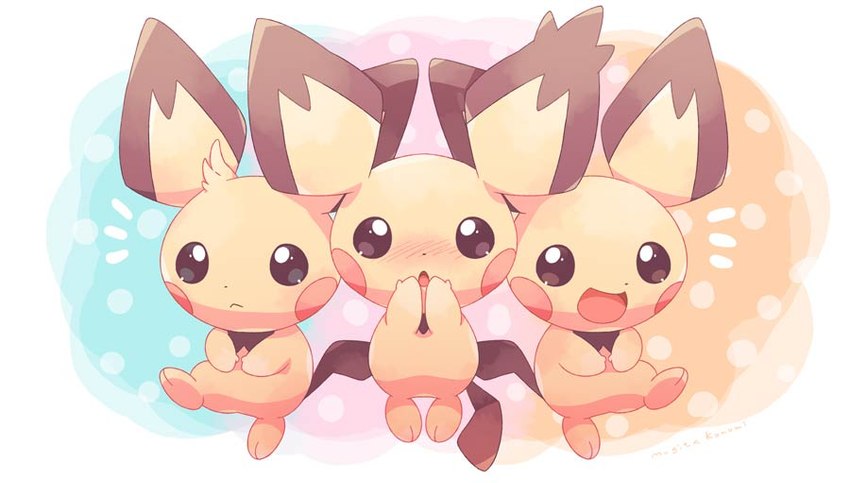 ambiguous_gender blush feral fur group on_model open_mouth open_smile simple_background smile trio yellow_body yellow_fur young young_ambiguous young_feral mugita_konomi nintendo pokemon pichu_big pichu_little spiky-eared_pichu generation_2_pokemon pichu pokemon_(species) signature warm_colors