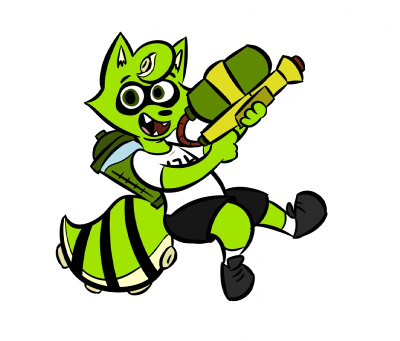 anthro clothed clothing fangs fur green_body green_eyes green_fur looking_at_viewer male smile solo suckers teeth toy toy_gun water_gun rusheloc nintendo splatoon super_soaker splatcoon animal_humanoid cephalopod cephalopod_humanoid humanoid hybrid inkling mammal marine marine_humanoid mollusk mollusk_humanoid procyonid raccoon