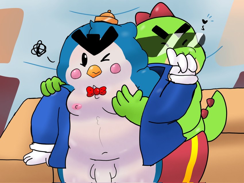 angry anthro bottomless butt clothed clothing coat coat_only duo genitals male male/male nipples nude one_eye_closed penis pink_nipples slightly_chubby topwear topwear_only ugly-rat15508 brawl_stars supercell_(company) buzz_(brawl_stars) mr.p_(brawl_stars) avian bird dinosaur penguin prehistoric_species reptile scalie 4:3 hi_res