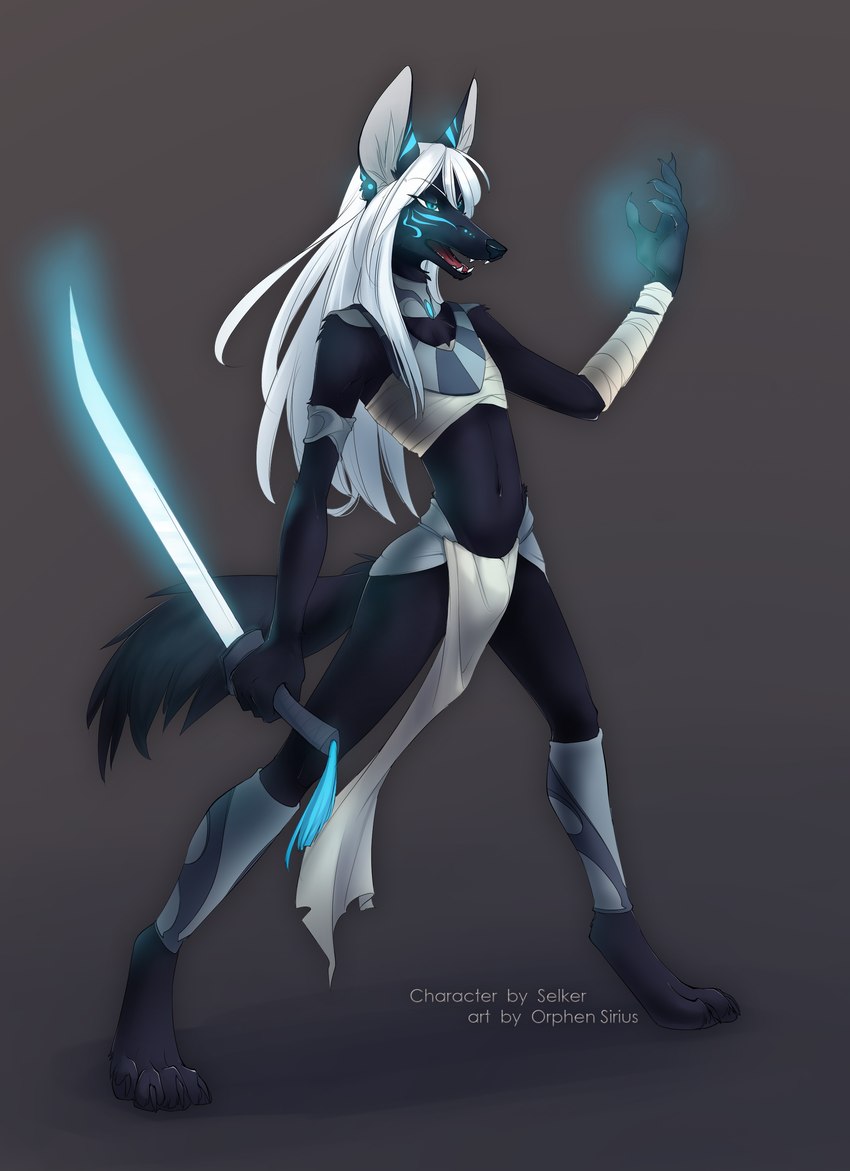 anthro arm_wraps armlet athletic athletic_male barefoot black_body black_fur black_nose blue_eyes blue_markings bottomwear chest_wraps claws clothing crop_top digitigrade fangs fantasy feet femboy fur glowing glowing_markings gradient_background hair half_clothed half_naked holding_katana holding_melee_weapon holding_object holding_sword holding_weapon inner_ear_fluff jewelry katana legband leglet loincloth long_hair magic magic_user male markings melee_weapon necklace open_mouth pose shirt simple_background solo spell standing sword teeth tongue topwear tuft weapon white_hair wrappings wraps orphen-sirius selker_ari selker_(character) alien anubian_jackal canid canine canis jackal mammal sindaraye 2012 absurd_res hi_res signature