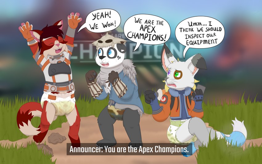 announcer anthro bodily_fluids cellphone clothed clothing diaper electronics feces female genital_fluids gloves grass group handwear male phone plant rock shirt skull_hat smartphone soiled_diaper soiling text topwear trio unclean_diaper urine used_diaper wearing_diaper wet_diaper wetting whiskers young fennecat apex_legends electronic_arts respawn_entertainment dominic_(fennecat) bear canid canine domestic_cat felid feline felis fennec_fox fox giant_panda maine_coon mammal true_fox 16:10 absurd_res english_text hi_res watermark widescreen