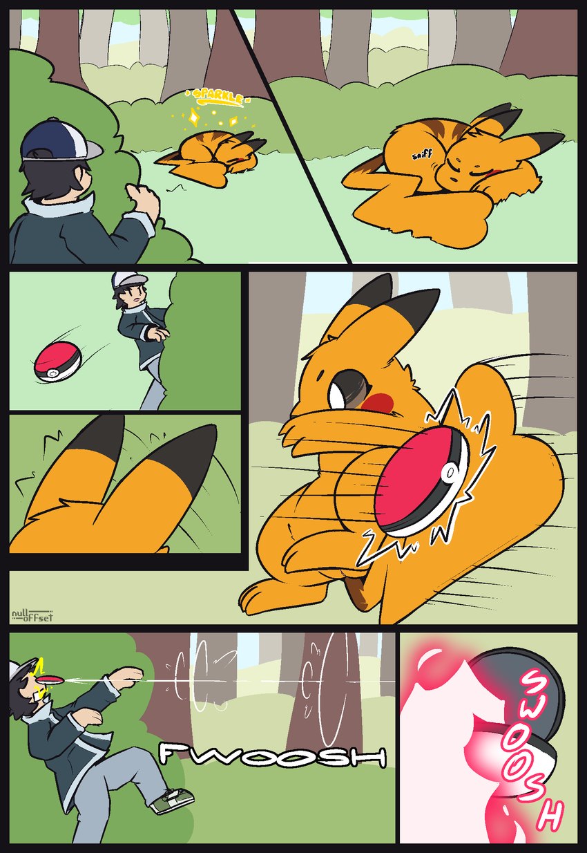 captured clothed clothing female feral forest fur genitals male outside plant pokeball pussy sleeping standard_pokeball tail tree yellow_body yellow_fur nulloffset nintendo pokemon generation_1_pokemon human mammal pikachu pokemon_(species) rodent shiny_pokemon comic hi_res